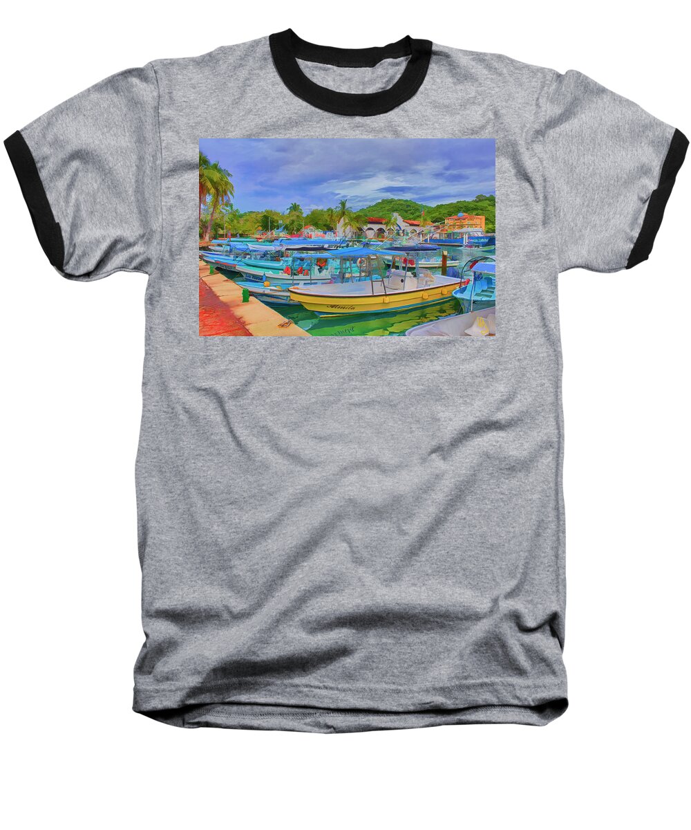 Hautulco Baseball T-Shirt featuring the digital art The Boats of Hautulco by Deborah Boyd