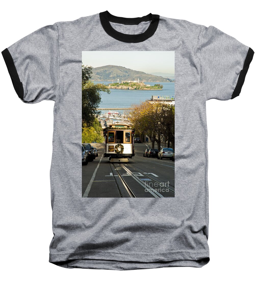 California Baseball T-Shirt featuring the photograph The Cable Car and Alcatraz by Micah May