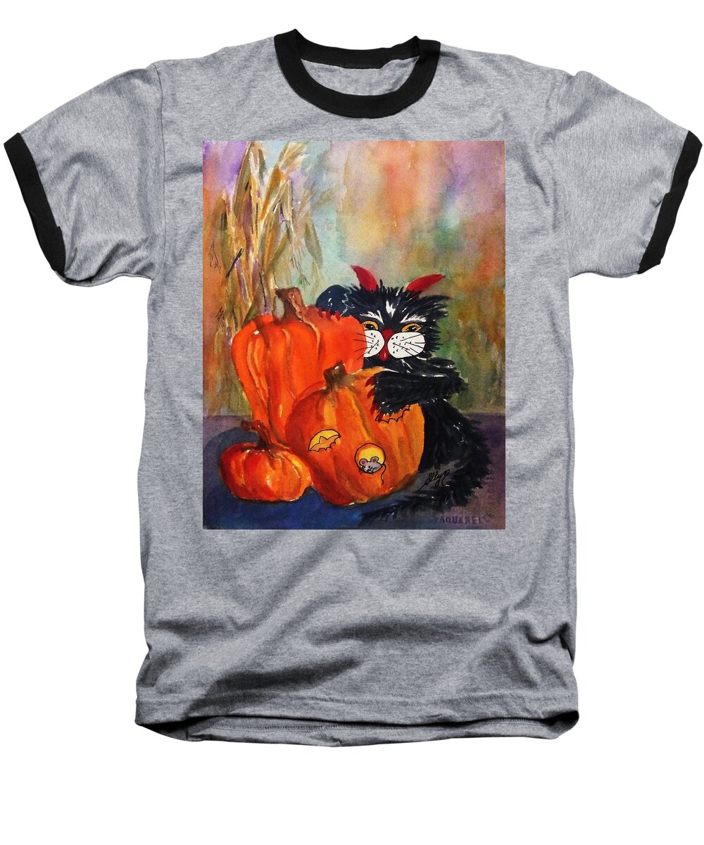 Devil Cat Baseball T-Shirt featuring the painting The Devil Made Me Do It by Ellen Levinson