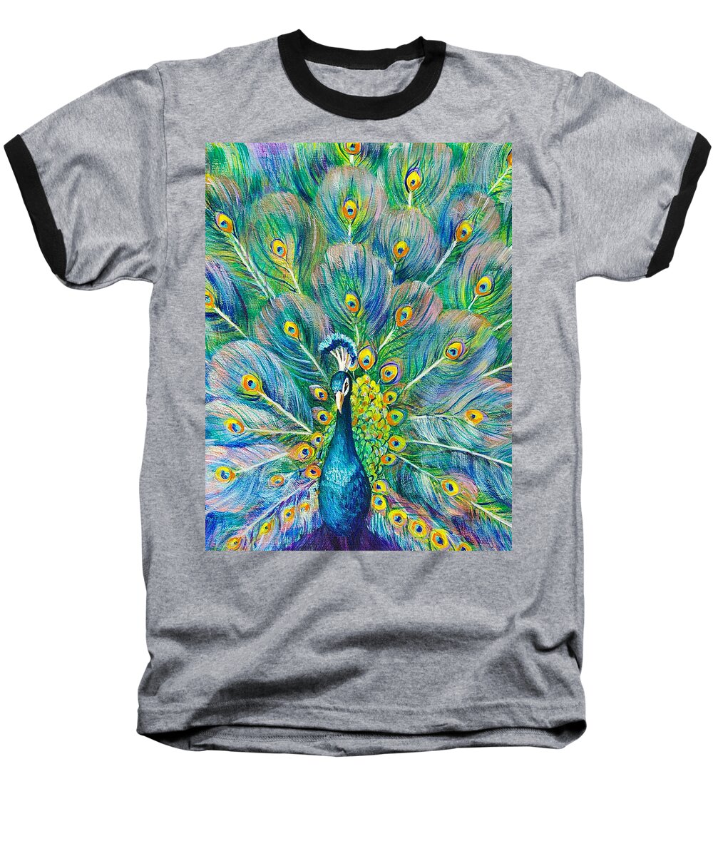 Peacock Baseball T-Shirt featuring the painting The Eyes Have It by Nancy Cupp