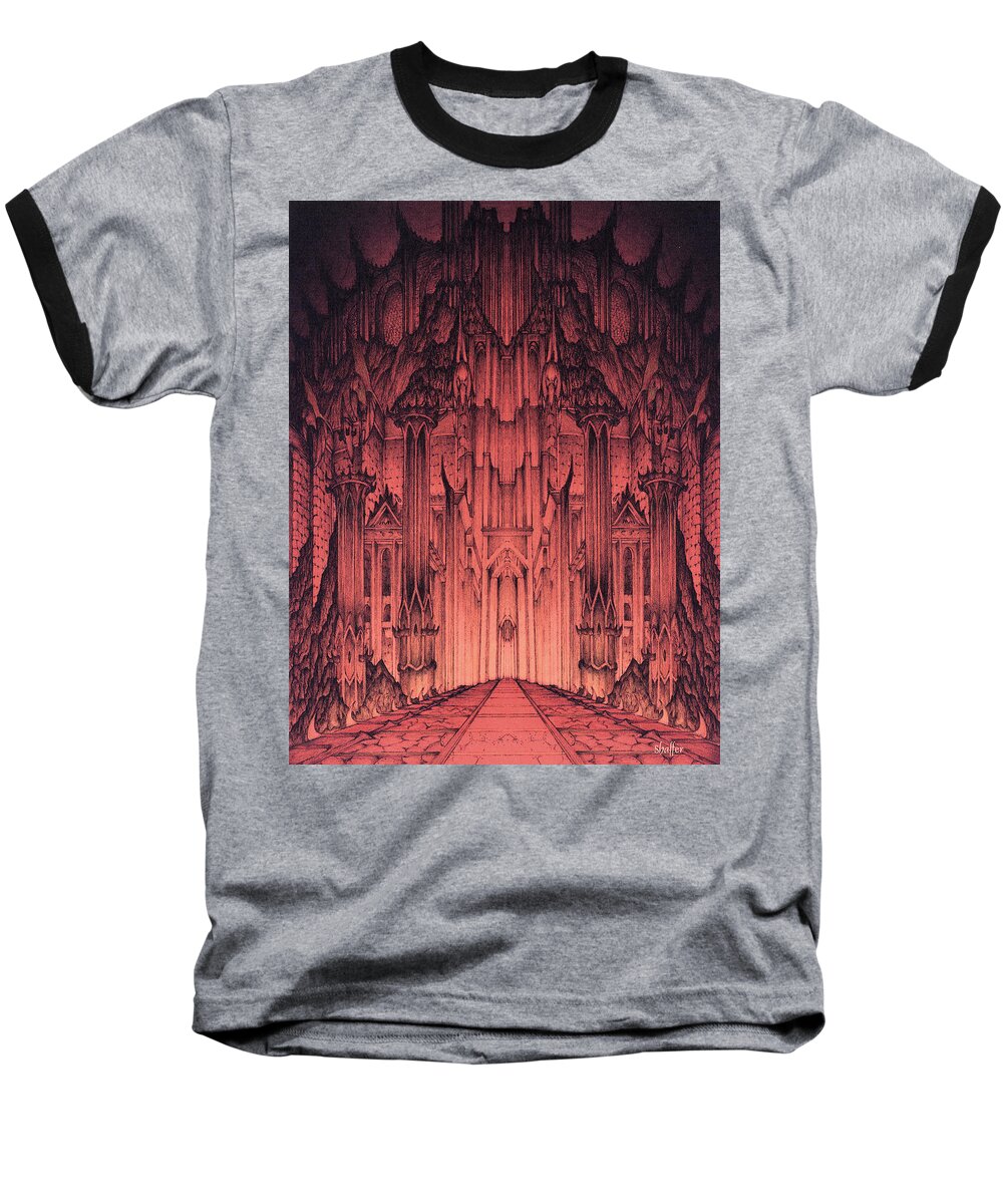 Barad Dur Baseball T-Shirt featuring the mixed media The Gates of Barad Dur by Curtiss Shaffer