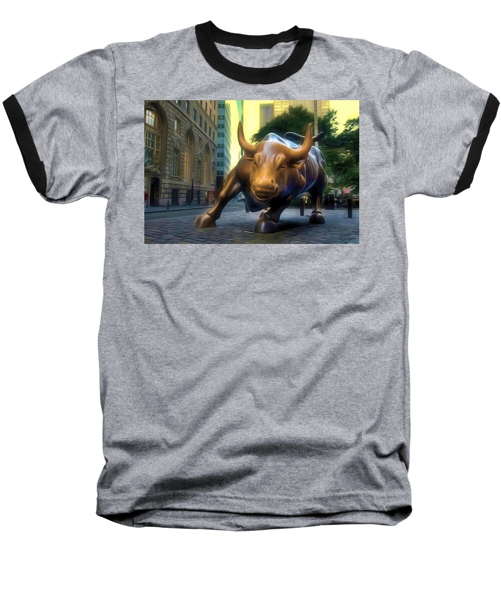 Charging Bull Statue At Bowling Green Is A Symbol Of The Perseverance Of The American People Baseball T-Shirt featuring the painting The Landmark Charging Bull In Lower Manhattan 2 by Jeelan Clark