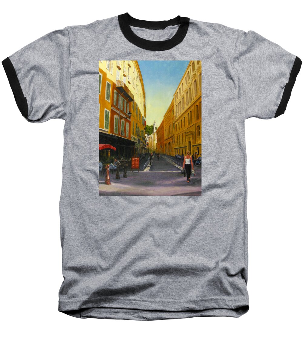 Nice Baseball T-Shirt featuring the painting The Morning's Shopping in Vieux Nice by Connie Schaertl