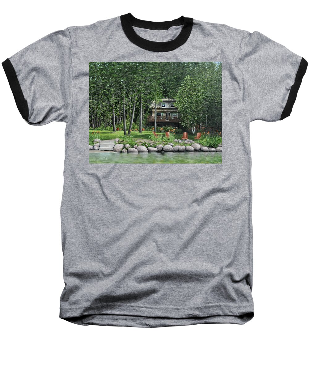 Cabin Baseball T-Shirt featuring the painting The Old Lawg Caybun On Lake Joe by Kenneth M Kirsch