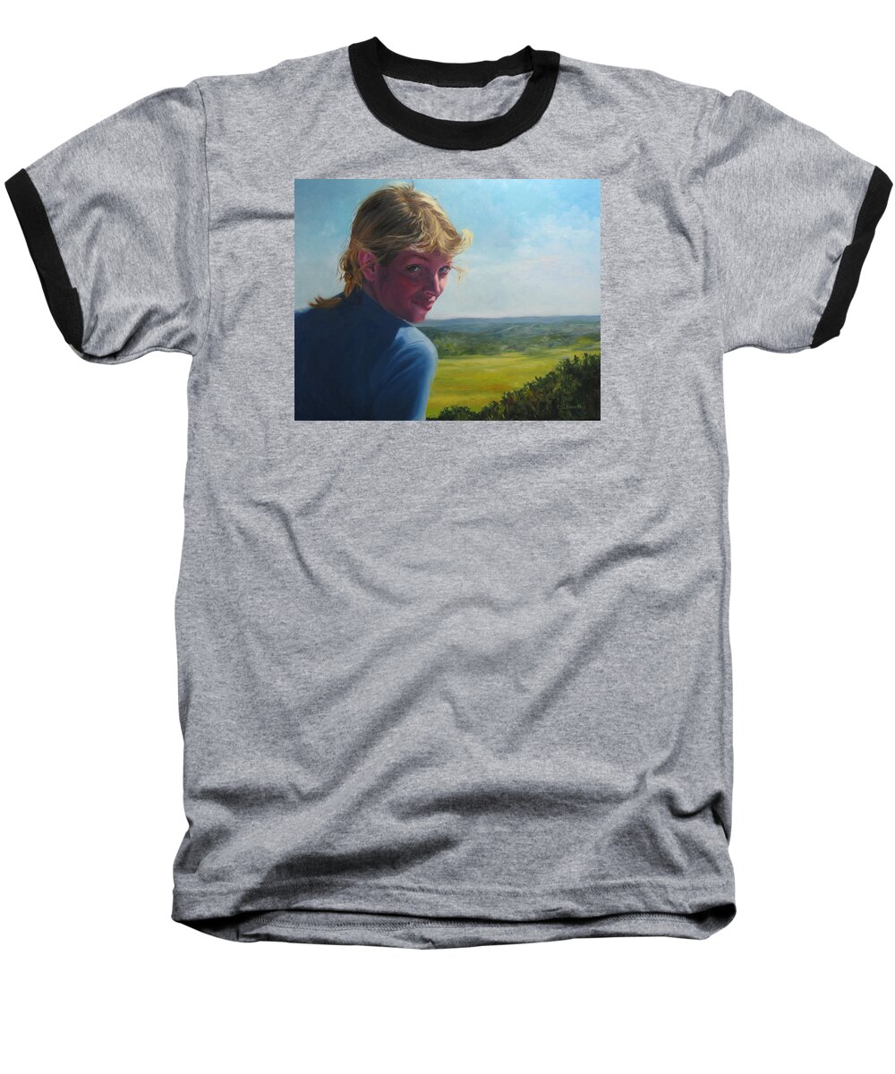 Portrait Baseball T-Shirt featuring the painting The Question of a Minor Summit by Connie Schaertl