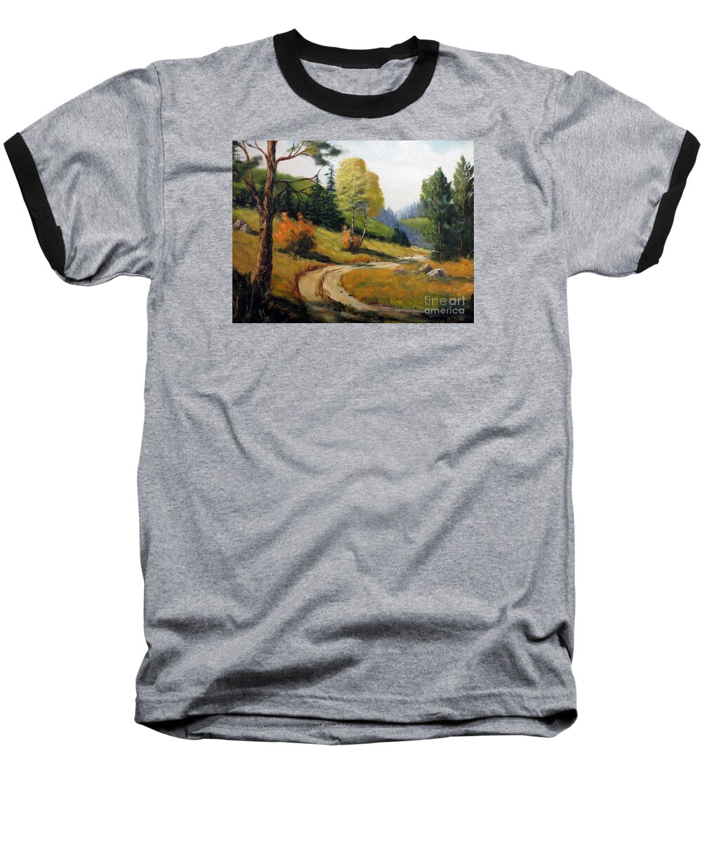 Lee Piper Baseball T-Shirt featuring the painting The Road Not Taken by Lee Piper