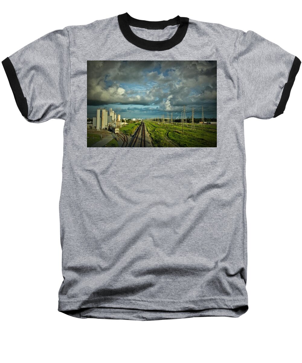 Trains Baseball T-Shirt featuring the digital art The Train Yard by Linda Unger