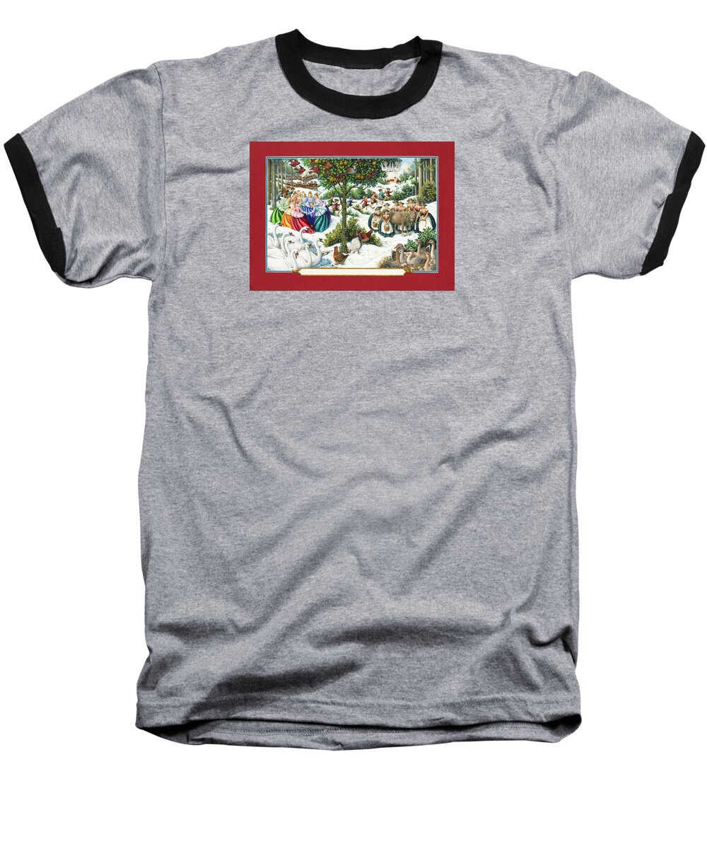 Christmas Baseball T-Shirt featuring the painting The Twelve Days of Christmas by Lynn Bywaters
