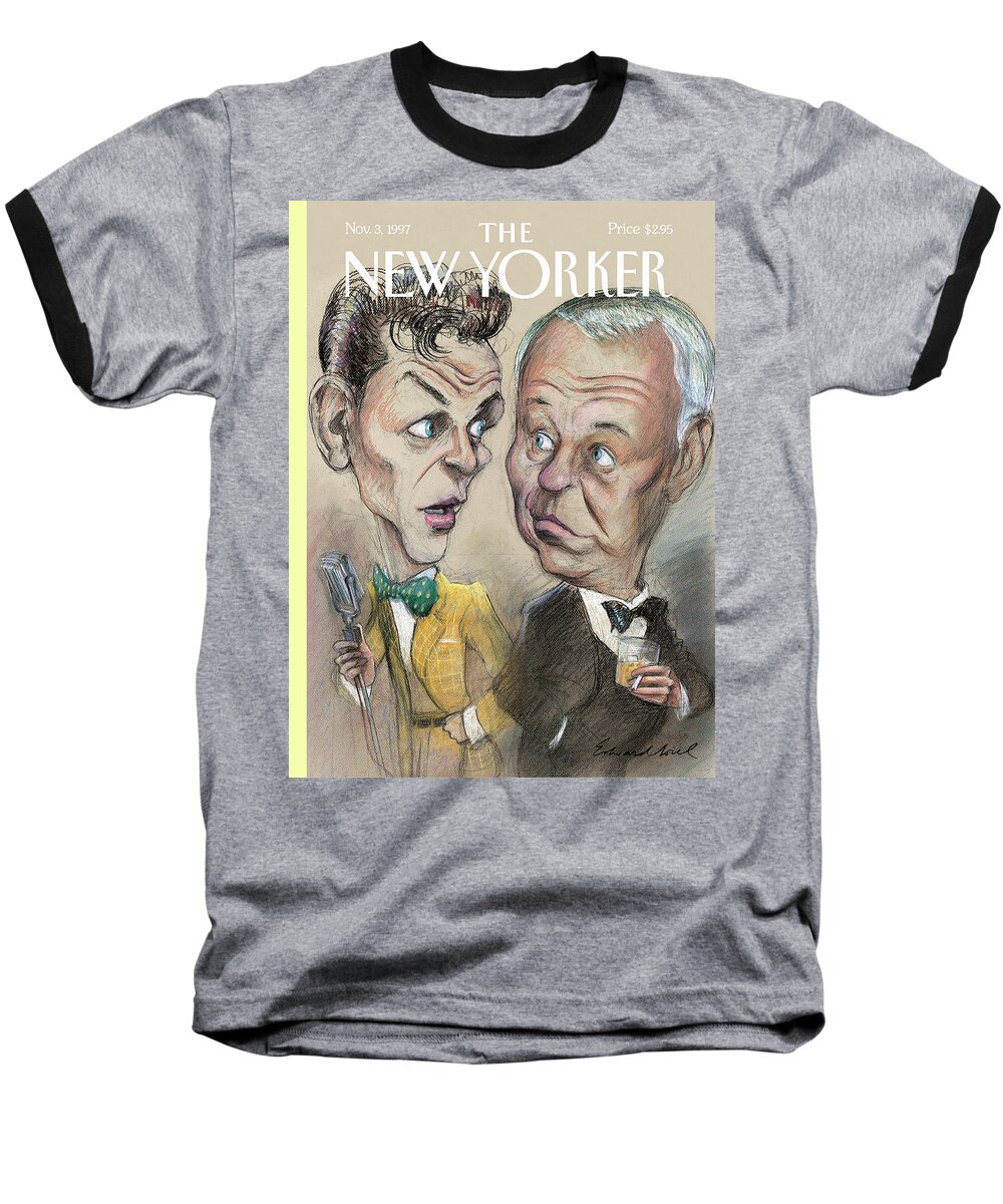 Strangers In The Night Artkey 50922 Eso Edward Sorel Baseball T-Shirt featuring the painting The Young Frank Sinatra Looking At The Old Frank by Edward Sorel