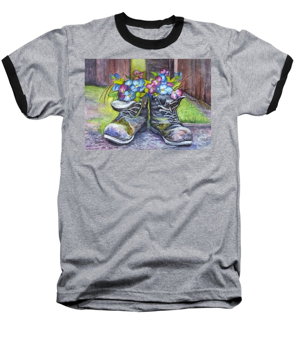 Boots Baseball T-Shirt featuring the painting These Boots Were Made For Planting by Carol Wisniewski