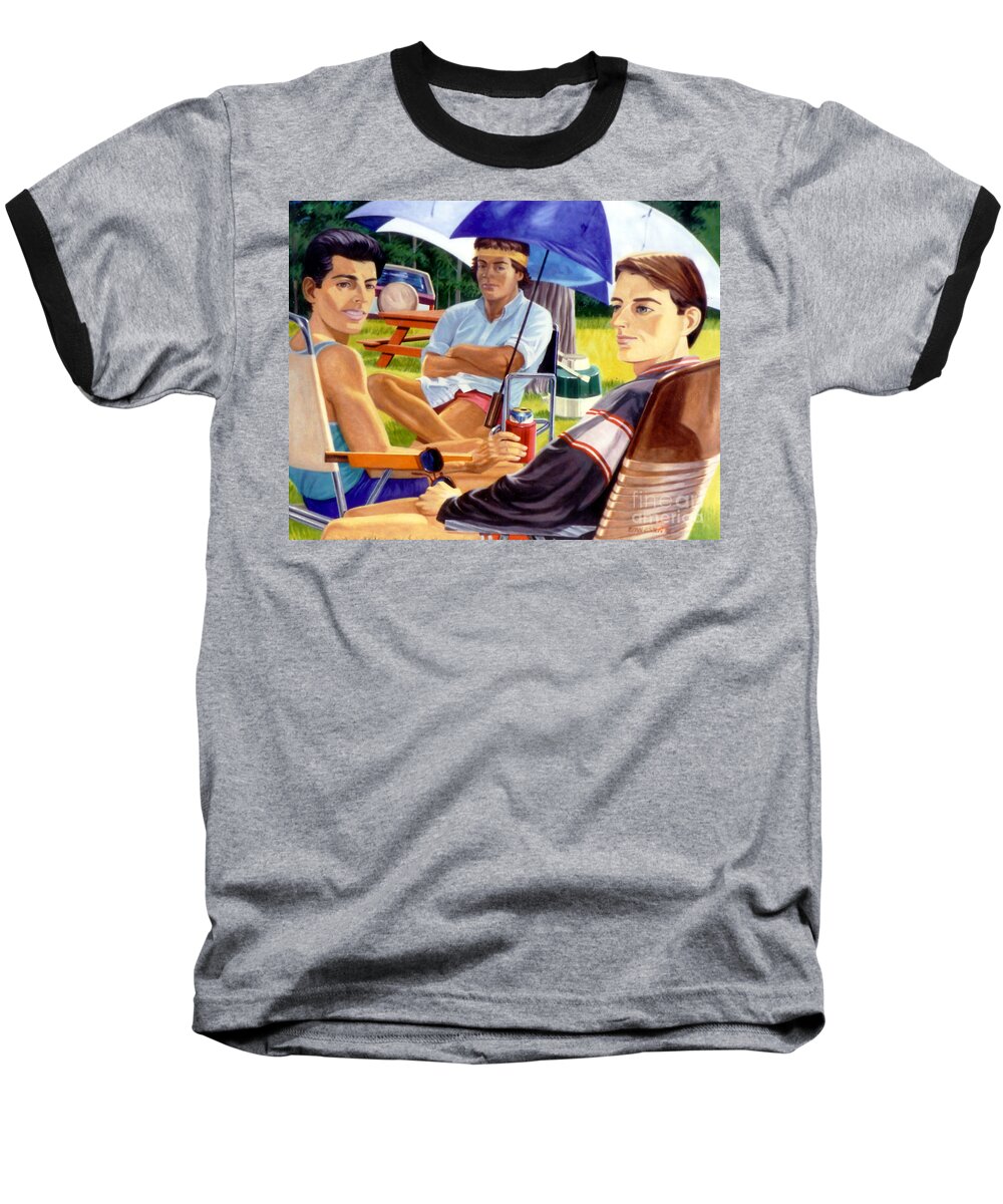 Three Men Baseball T-Shirt featuring the painting Three Friends Camping by Stan Esson