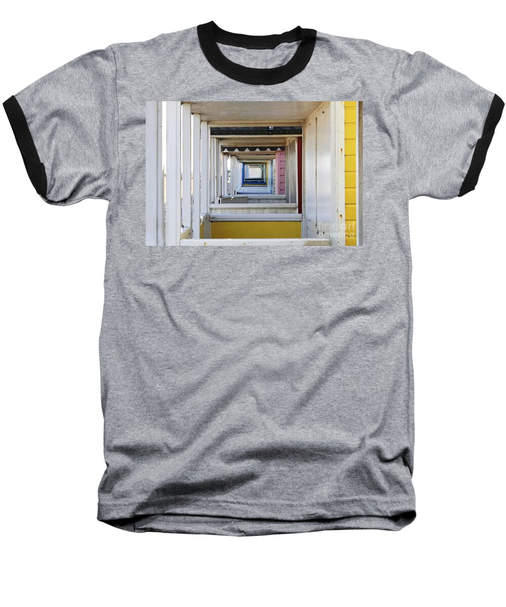 Along The Beach Huts Uk England Seaside Traditional Perspective Rectangles Squares Baseball T-Shirt featuring the photograph Through the Beach Huts by Julia Gavin