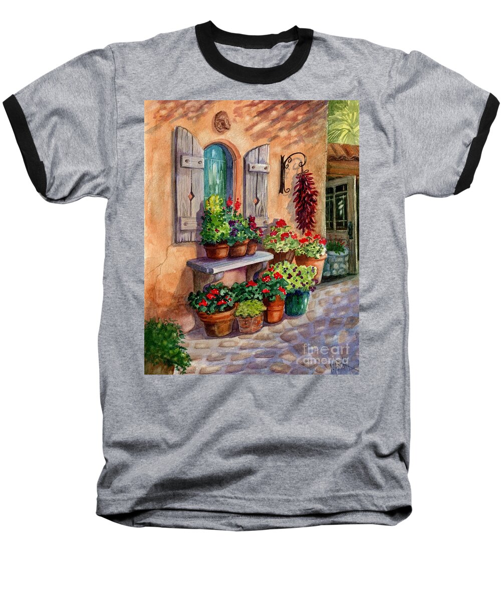 Tia Rosa's Baseball T-Shirt featuring the painting Tia Rosa's Place by Marilyn Smith