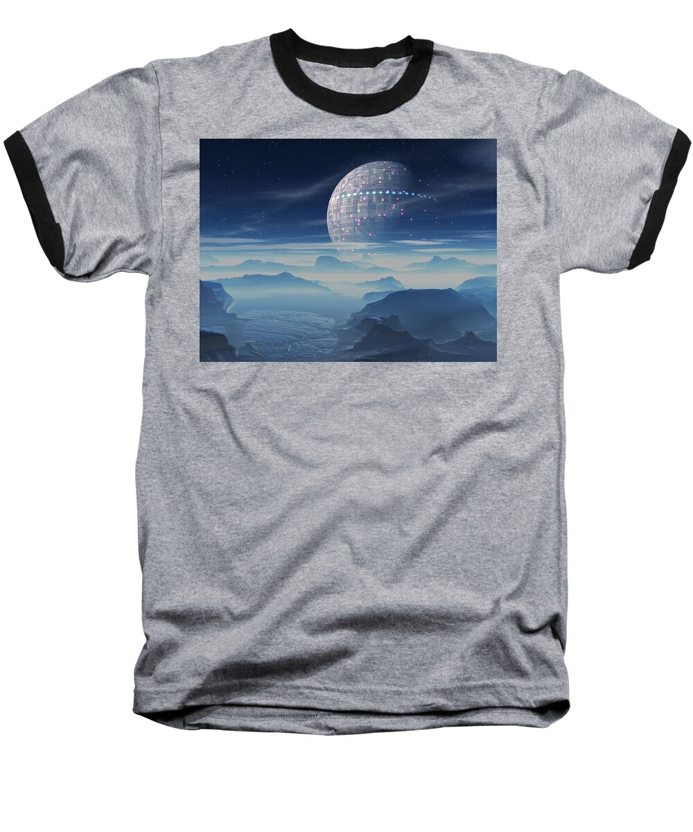 Alien Landscape Baseball T-Shirt featuring the digital art Tranus Alien Planet with Satellite by Judi Suni Hall