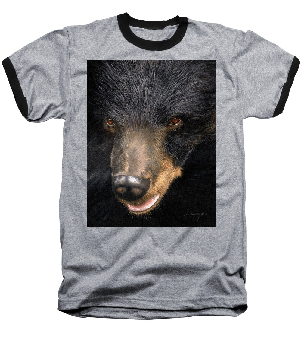 Moon Bear Baseball T-Shirt featuring the painting Trixie Moon Bear - In support of Animals Asia by Rachel Stribbling