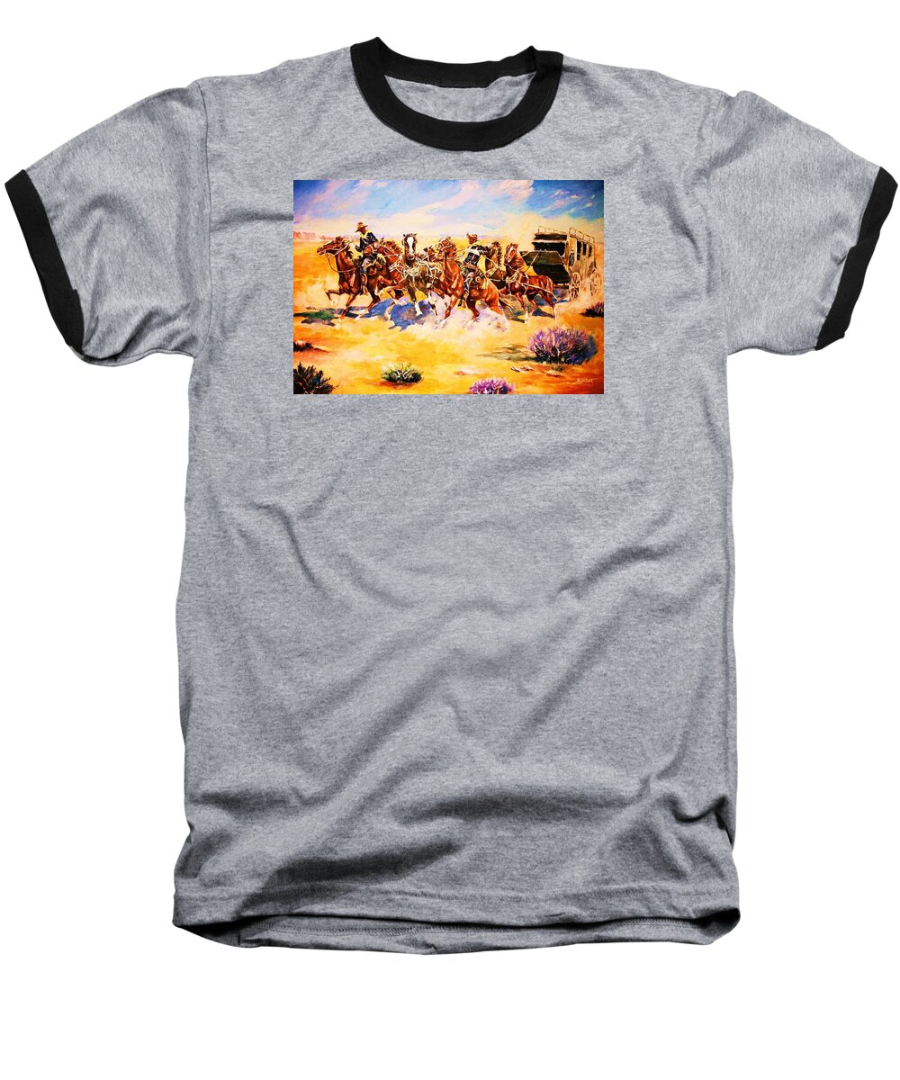 Cavalry Baseball T-Shirt featuring the painting Troopers Stopping a Runaway Coach by Al Brown