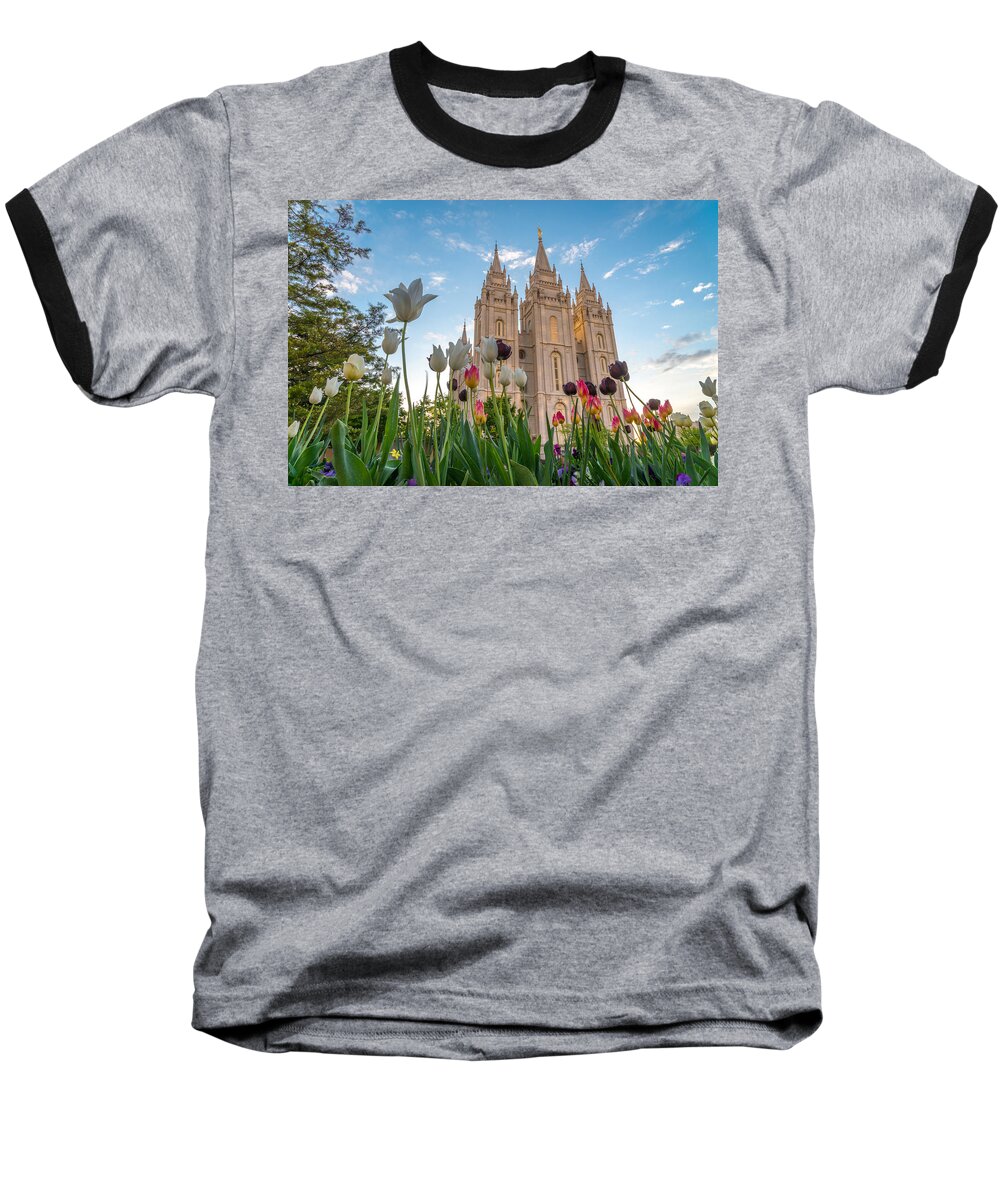 Utah Baseball T-Shirt featuring the photograph Tulips at the Temple by Dustin LeFevre