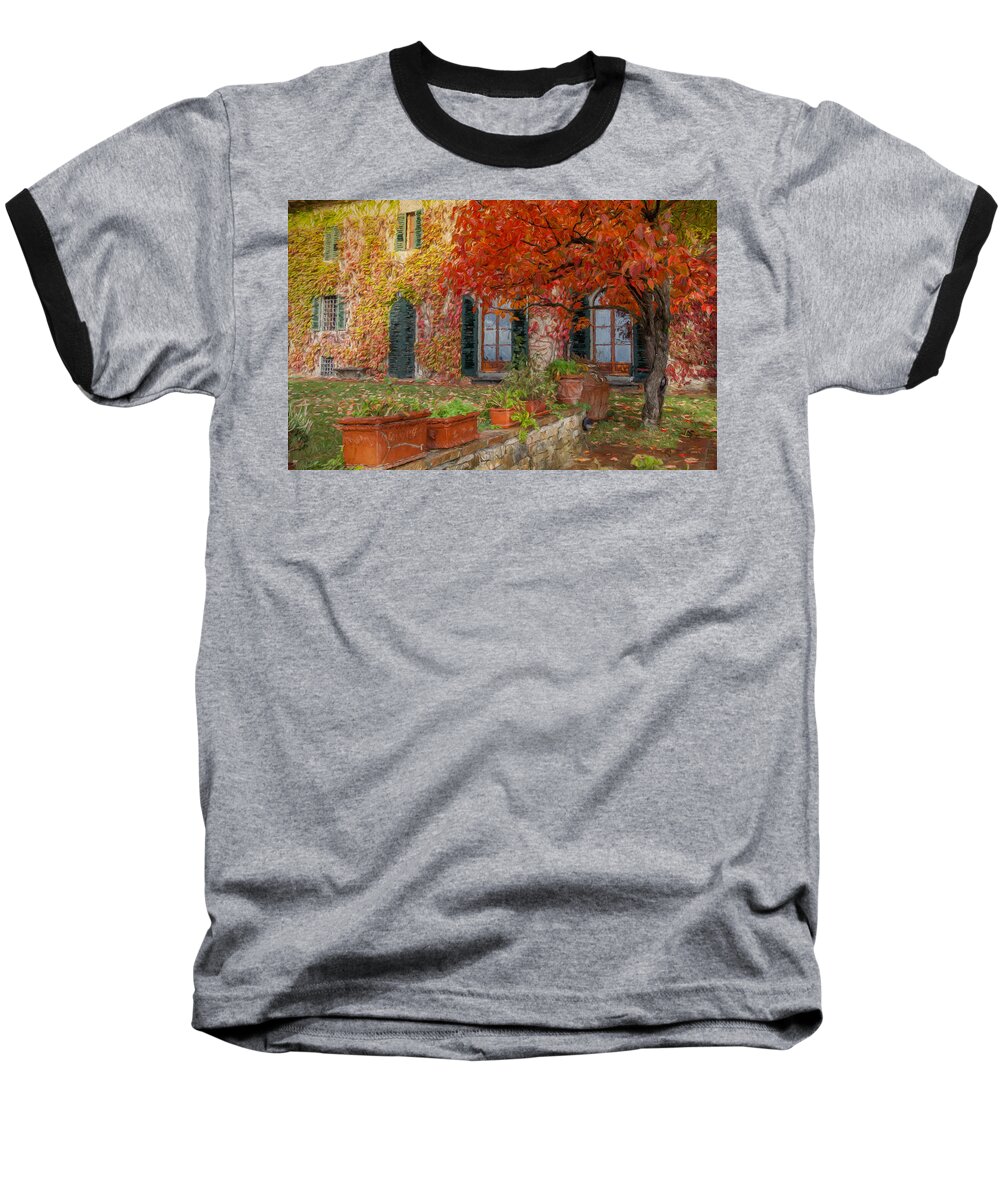 Tuscany Baseball T-Shirt featuring the photograph Tuscan Villa in Autumn by Shirley Radabaugh