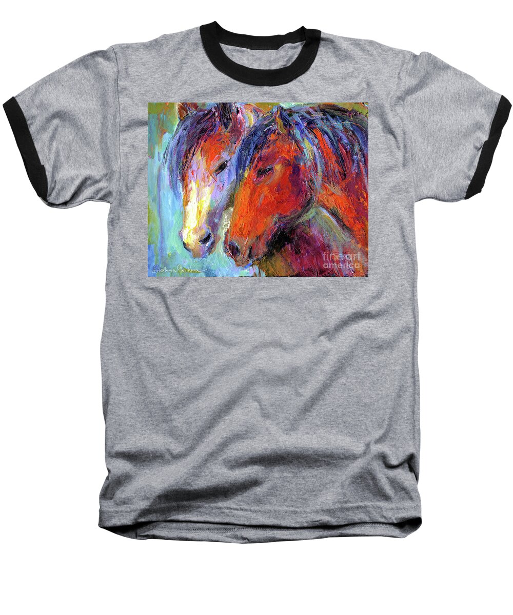 Mustang Horse Prints Baseball T-Shirt featuring the painting Two mustang horses painting by Svetlana Novikova