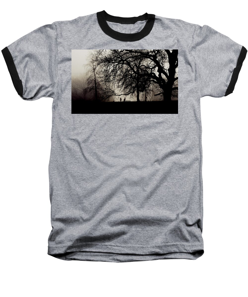 People Baseball T-Shirt featuring the photograph Two people meet in a misty park by Steve Ball