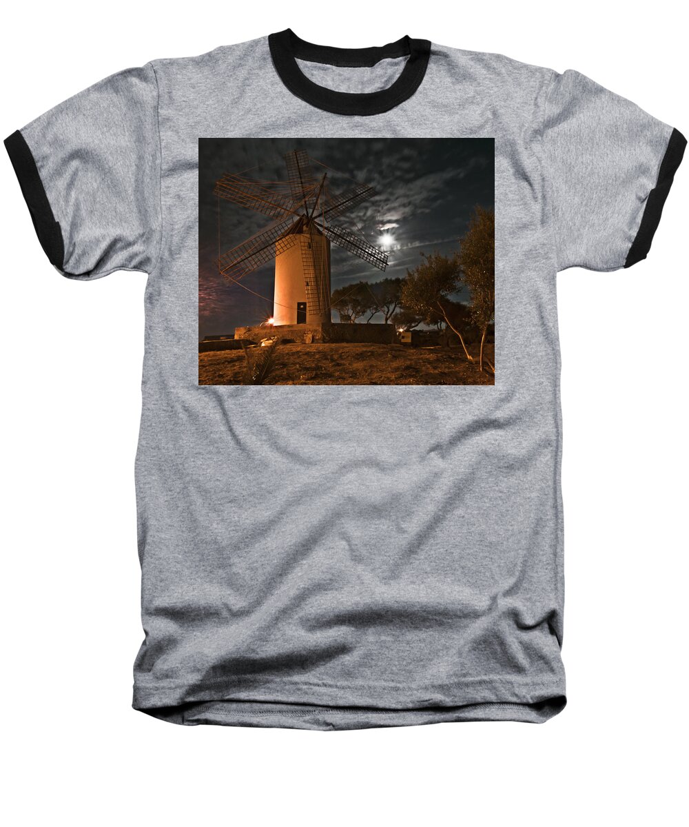 Architecture Baseball T-Shirt featuring the photograph Vintage Windmill in Es Castell Villacarlos George Town in Minorca - Under the moonlight by Pedro Cardona Llambias