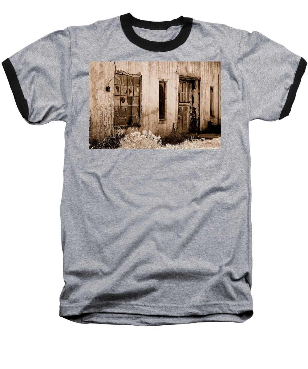 Vacant Business Building Abandoned Run Down Glass Downey Idaho Id Baseball T-Shirt featuring the photograph Vacancy by Holly Blunkall