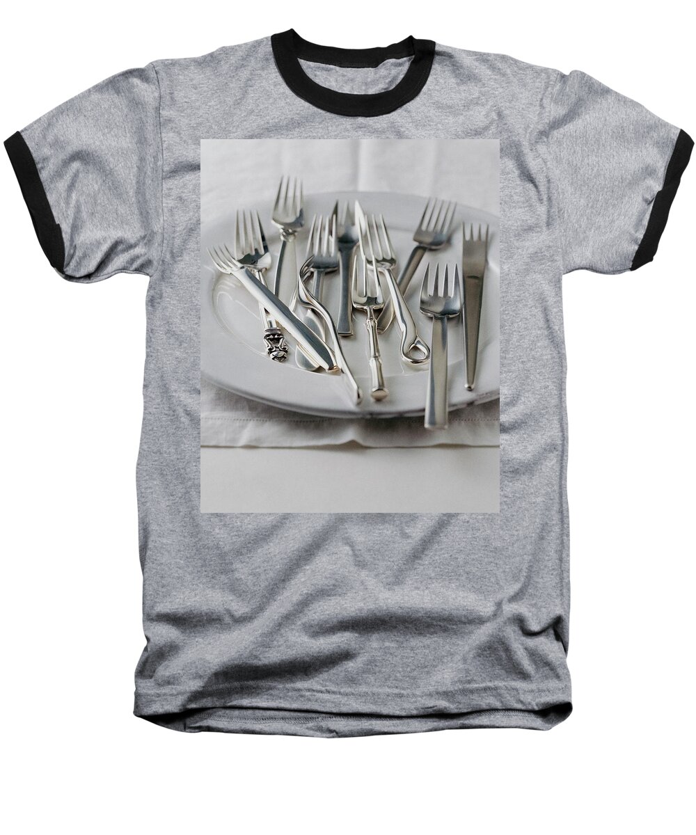 Kitchen Baseball T-Shirt featuring the photograph Various Forks On A Plate by Romulo Yanes