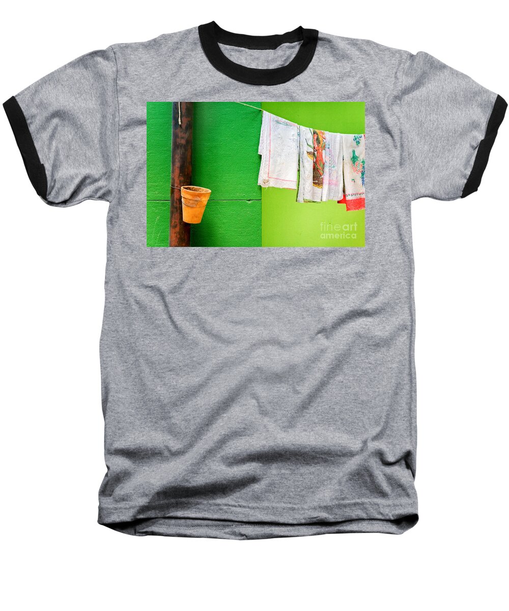 Colors Baseball T-Shirt featuring the photograph Vase towels and green wall by Silvia Ganora