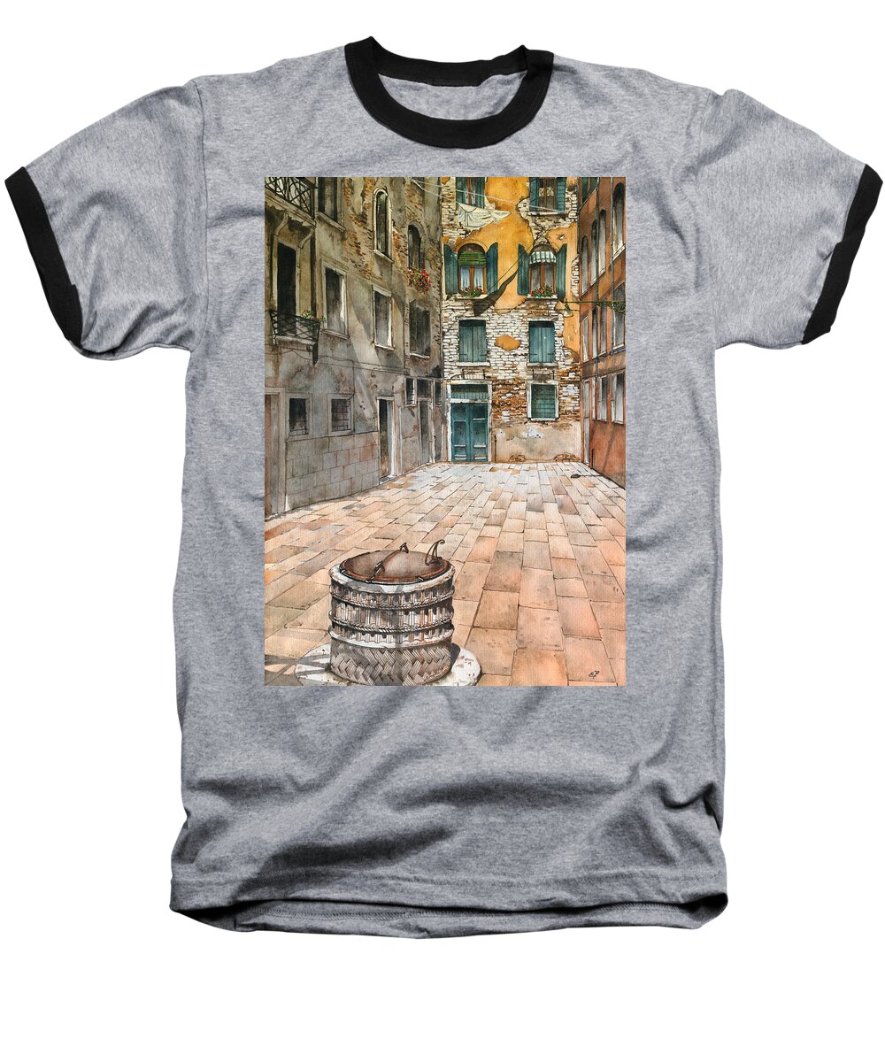 Venice Baseball T-Shirt featuring the painting Venetian courtyard 02 Elena Yakubovich by Elena Daniel Yakubovich