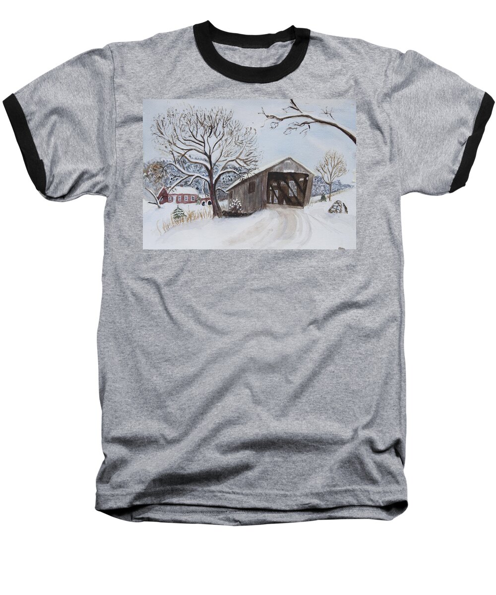 Vermont Baseball T-Shirt featuring the painting Vermont Covered Bridge in Winter by Donna Walsh