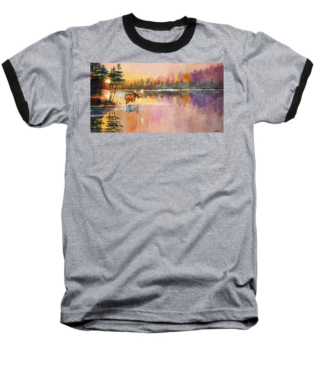 Moose Baseball T-Shirt featuring the painting Vigil in the Shallows at Sunrise by Al Brown