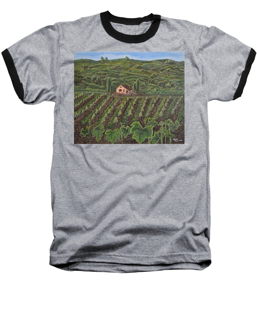 Spire-like Lombardy Cypress Trees Baseball T-Shirt featuring the painting Vineyard in Neuchatel by Felicia Tica