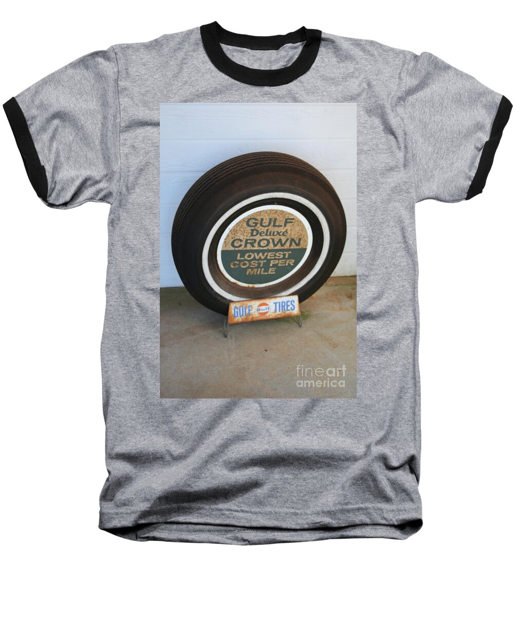 Tire Baseball T-Shirt featuring the photograph Vintage Gulf Tire with Ad Plate by Lesa Fine
