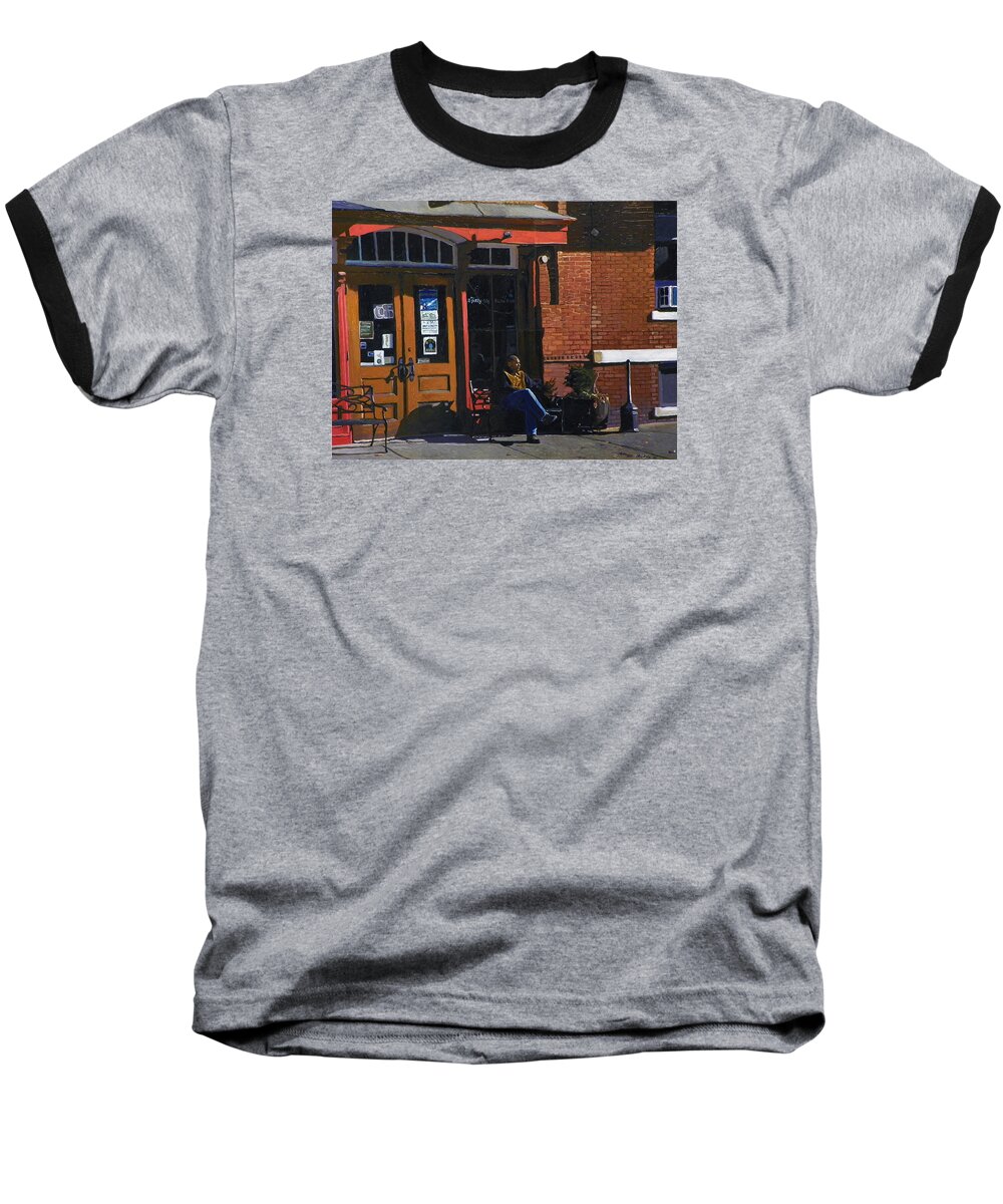 Warren Street Baseball T-Shirt featuring the painting Waiting at the Spotty Dog by Kenneth Young