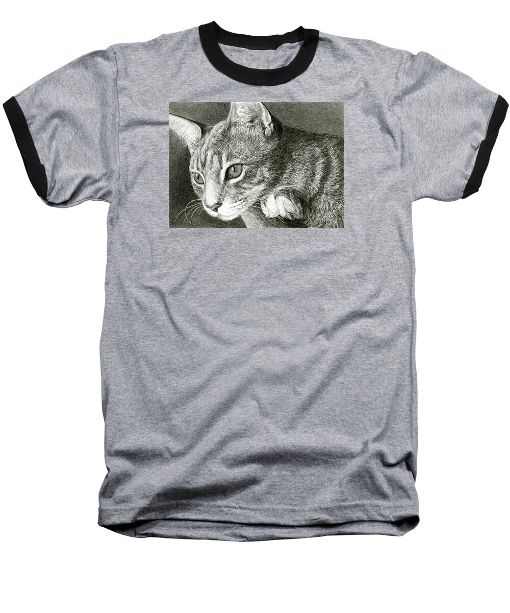 Cat Baseball T-Shirt featuring the drawing Watchful by Ann Ranlett