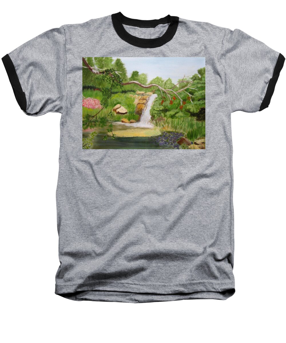Landscape Baseball T-Shirt featuring the painting Waterfalls at Red Butte Garden by Linda Feinberg