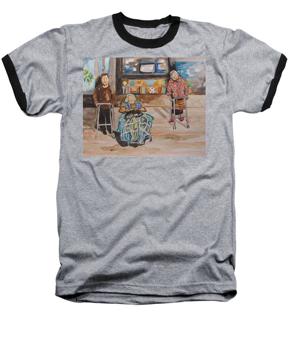 We're Still Here Baseball T-Shirt featuring the painting We're Still Here by Esther Newman-Cohen
