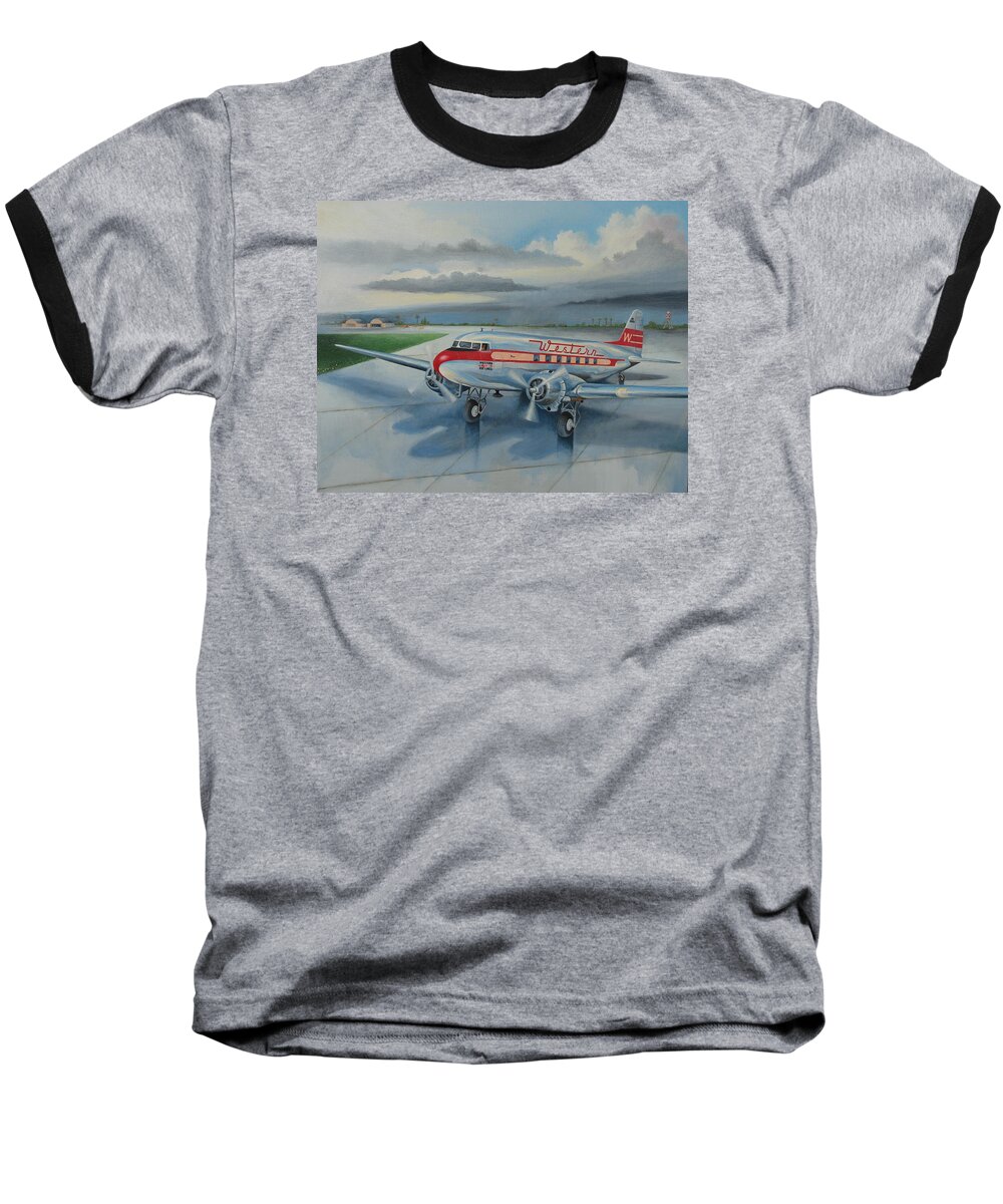 Airplane Baseball T-Shirt featuring the painting Western Airlines DC-3 by Stuart Swartz