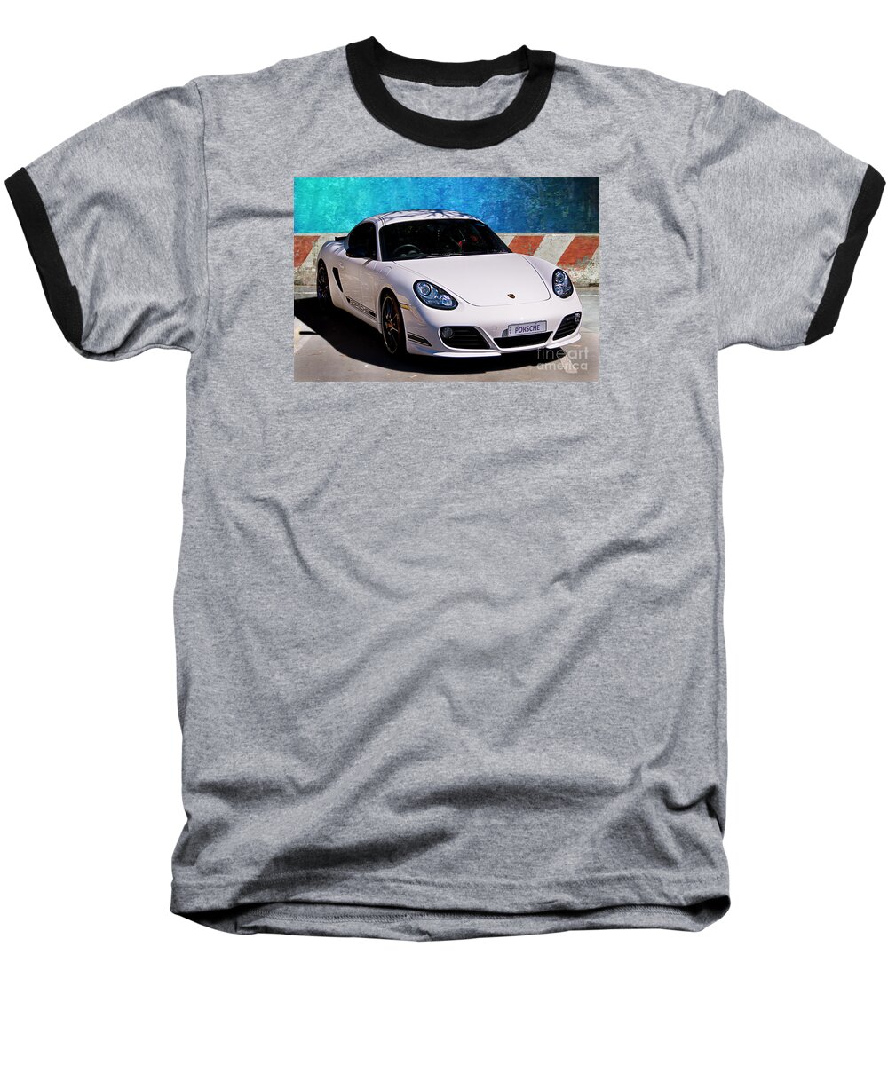 White Baseball T-Shirt featuring the photograph White Porsche Cayman by Stuart Row