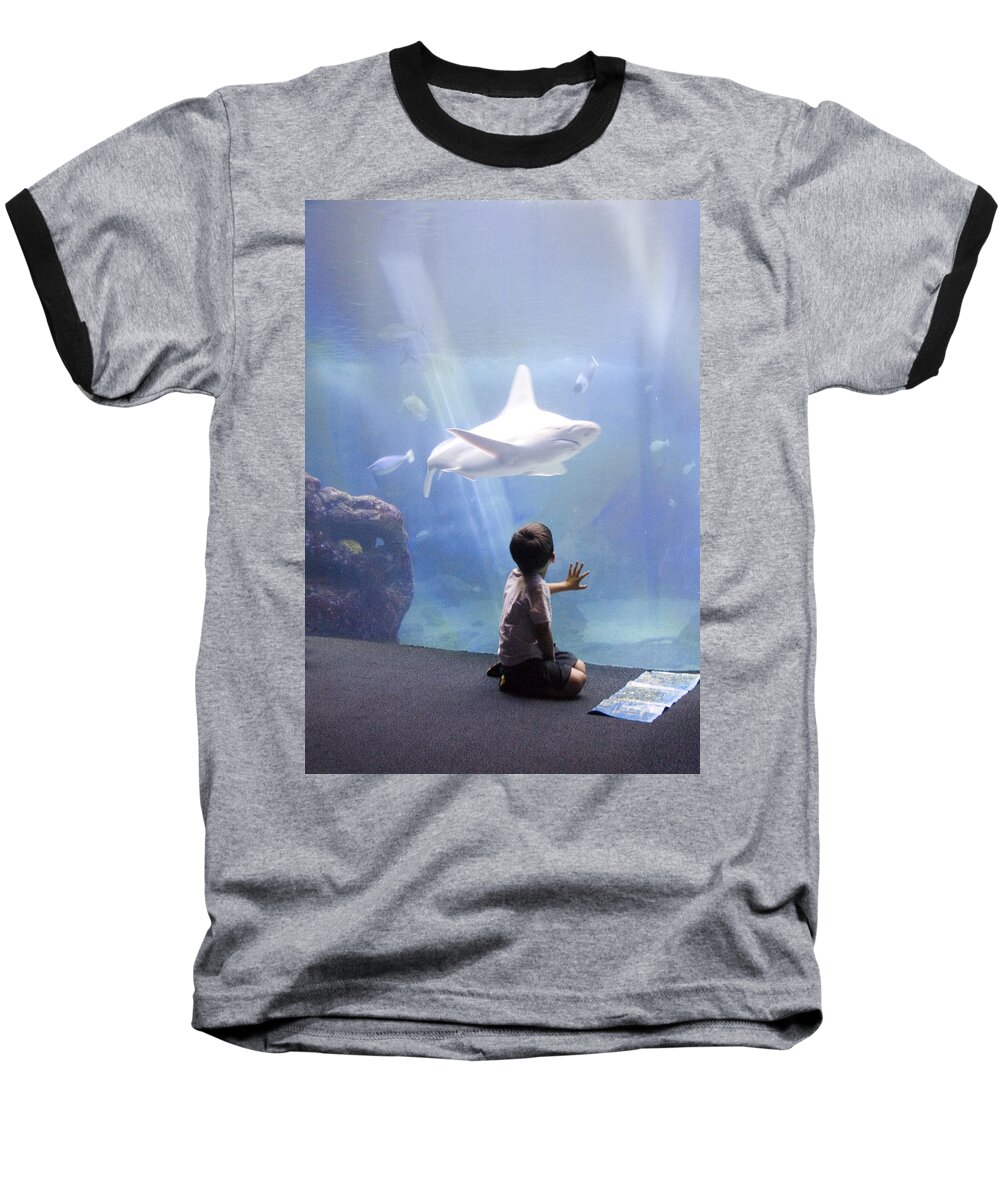 Lahaina Baseball T-Shirt featuring the photograph White Shark and Young Boy by David Smith