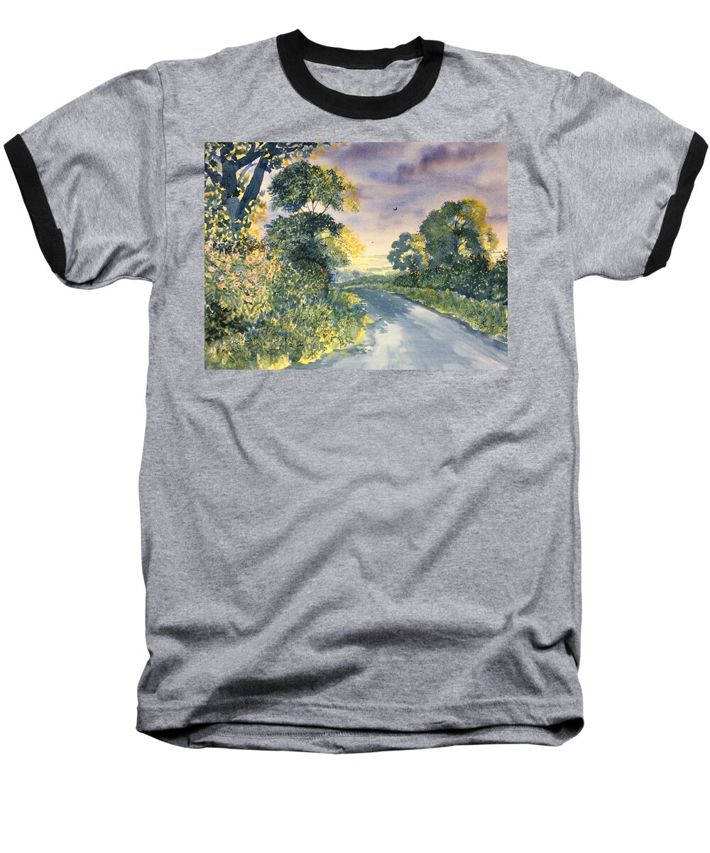 Glenn Marshall Yorkshire Artist Baseball T-Shirt featuring the painting Wild Roses on the Wolds by Glenn Marshall