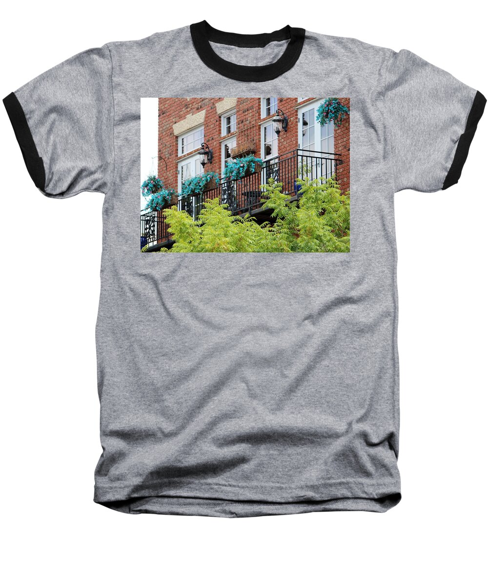 Balcony Baseball T-Shirt featuring the photograph Blue Flowers On A Balcony by Cynthia Guinn