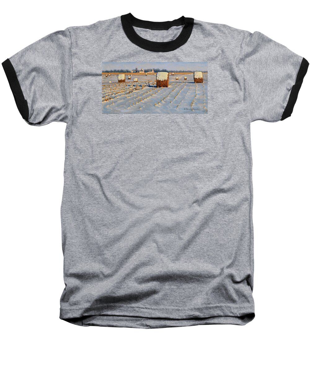 Landscape Baseball T-Shirt featuring the painting Winter Stubble Bales by Bruce Morrison