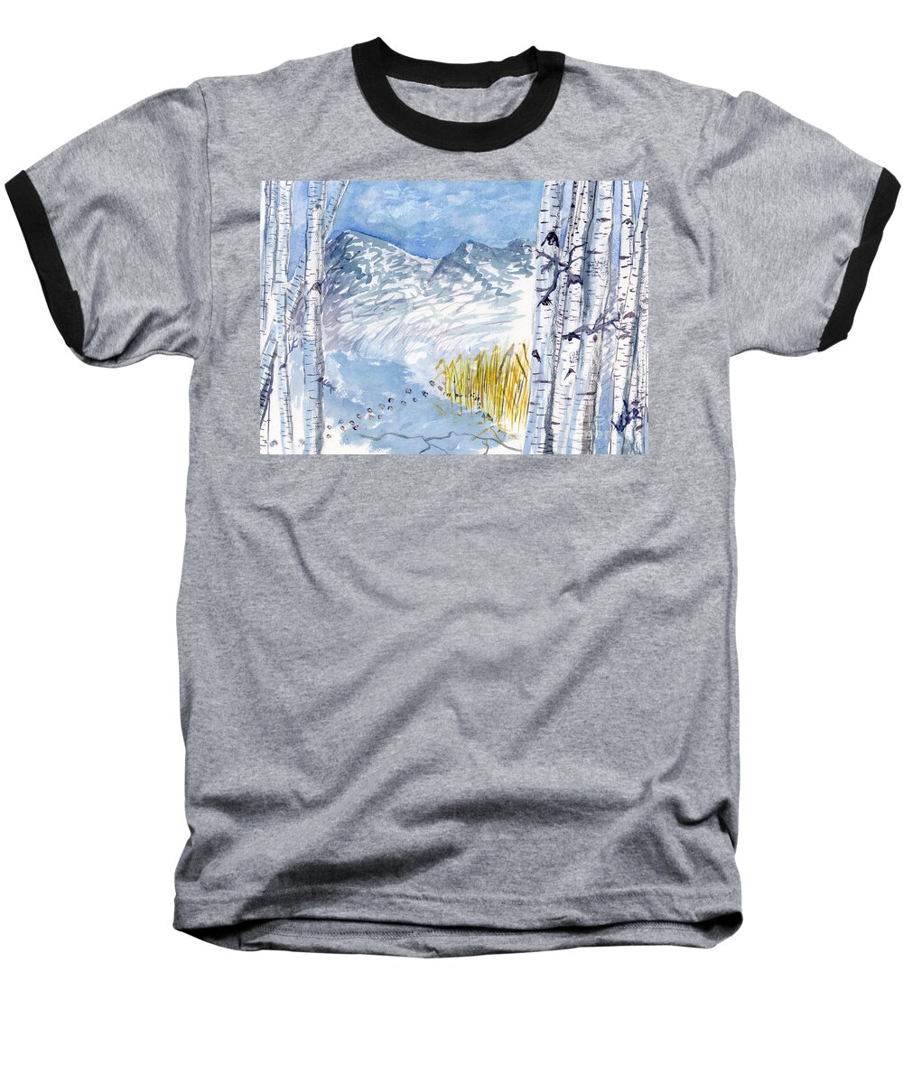 Winter #blue Blue Victor Vosen Watercolor Birch Trees Snow Ice Landscape Baseball T-Shirt featuring the painting Without Borders by Victor Vosen