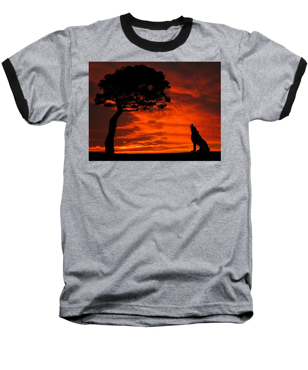 Wolf Baseball T-Shirt featuring the photograph Wolf Calling For Mate Sunset Silhouette Series by David Dehner