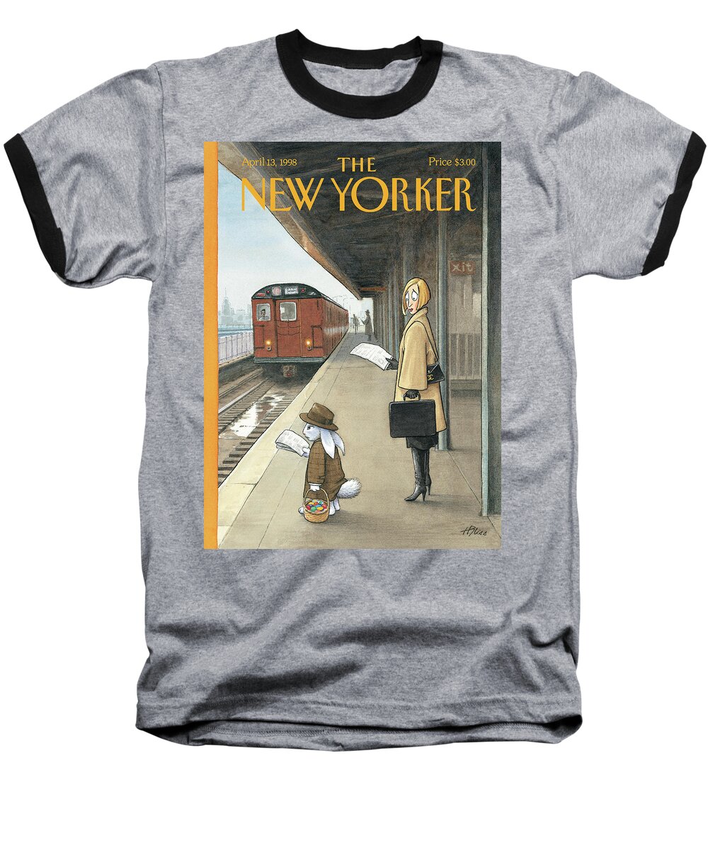 Hbl Harry Bliss Baseball T-Shirt featuring the painting Woman On Train Platform Looking At Easter Bunny by Harry Bliss