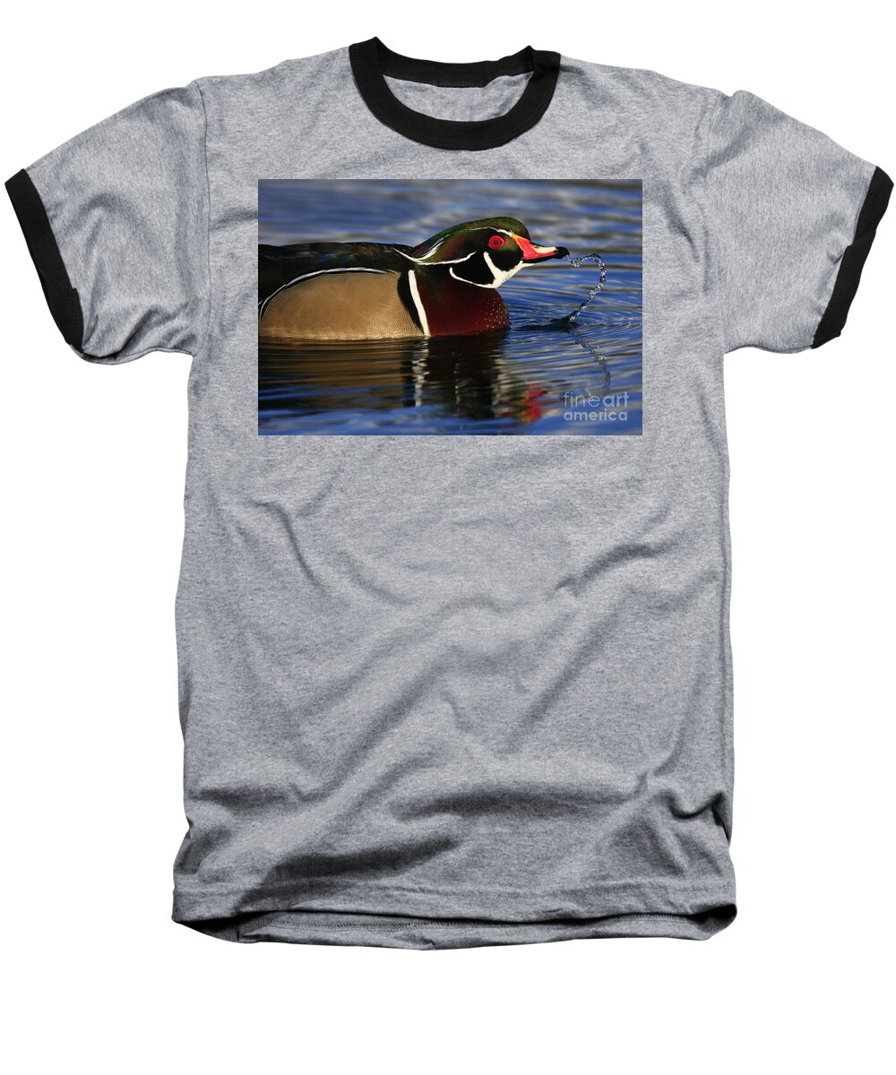 Duck Baseball T-Shirt featuring the photograph Wood Duck Waterdrops by John F Tsumas