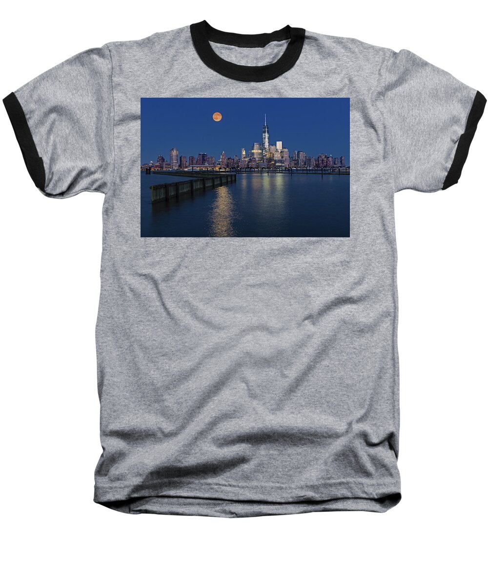World Trade Center Baseball T-Shirt featuring the photograph World Trade Center Super Moon by Susan Candelario