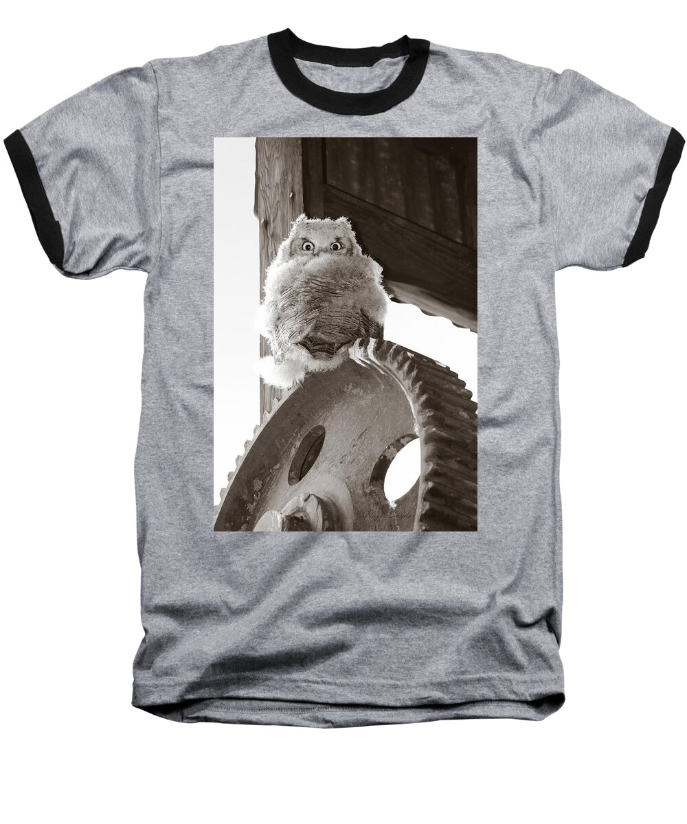Beautiful Baseball T-Shirt featuring the photograph Young Owl on Wheel by Roger Snyder