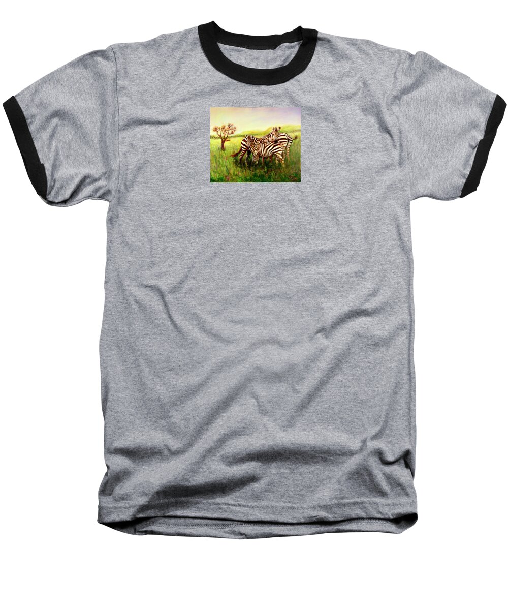 Zebra Baseball T-Shirt featuring the painting Zebras at Ngorongoro Crater by Sher Nasser